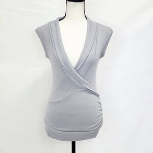 Bella D. Shawl Collar Faux Wrap Slim Fit V-Neck Short Sleeve Top